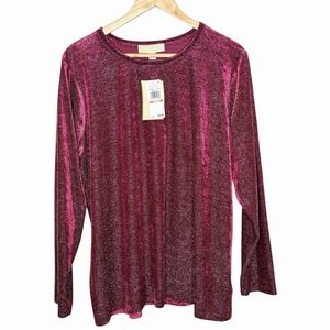 Michael Kors Metallic Velvet Long Sleeve Top Red Womens Size 2X Evening Sparkly
